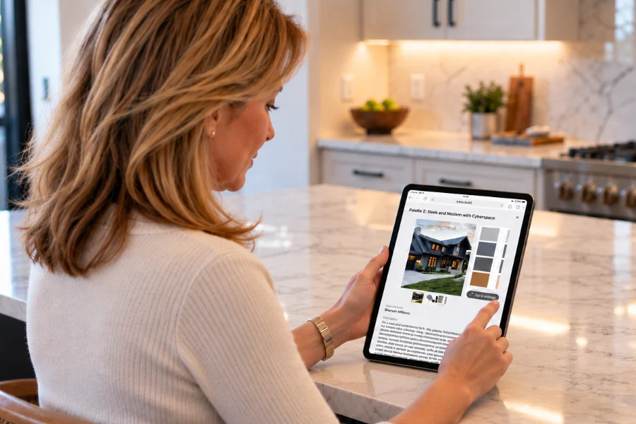A homeowner at a kitchen island choosing an exterior colour palette on an iPad