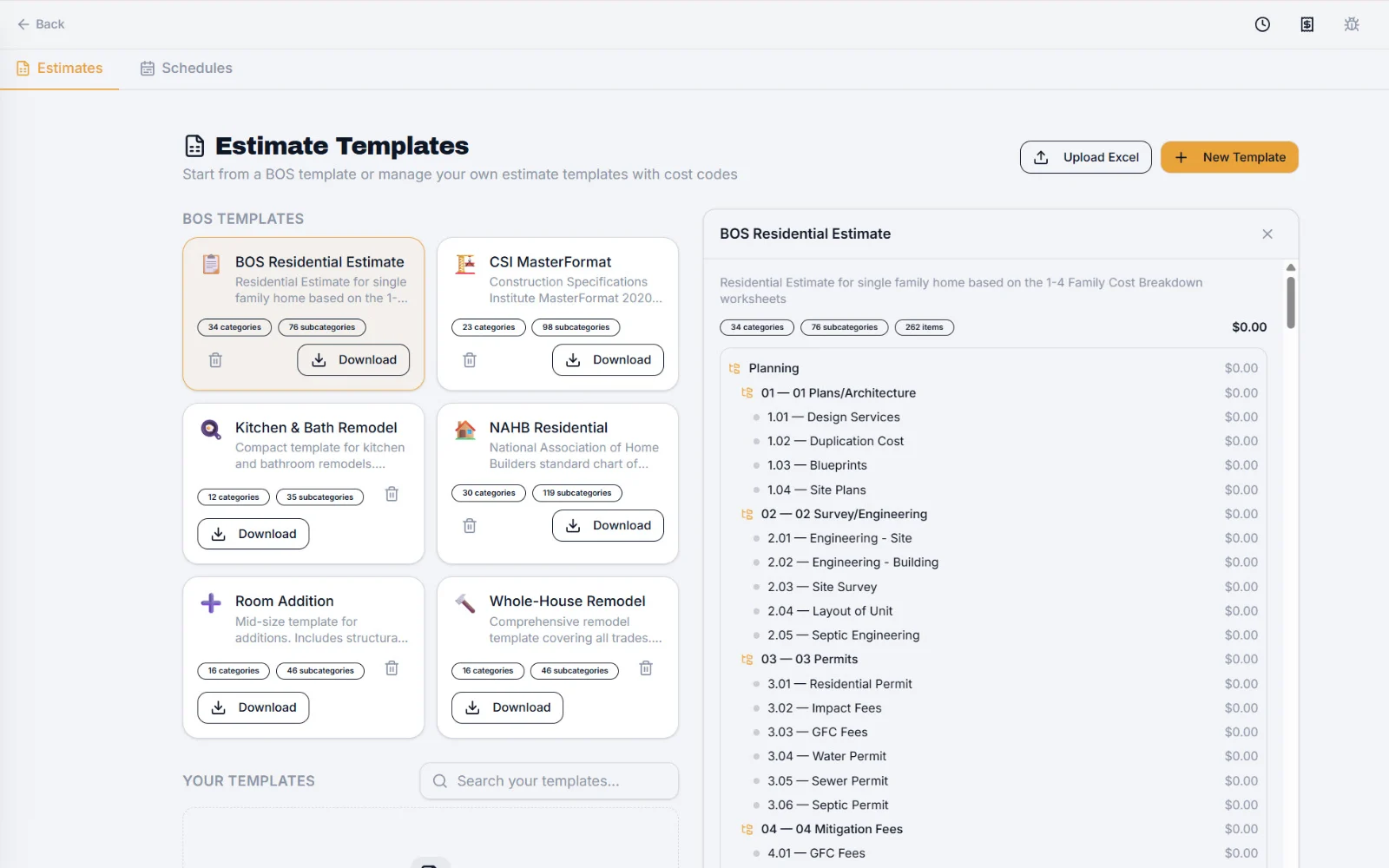 BOS estimate templates ready to use: BOS Residential Estimate, CSI MasterFormat, NAHB, kitchen and bath, room addition and whole-house remodel, with the residential template's cost codes open