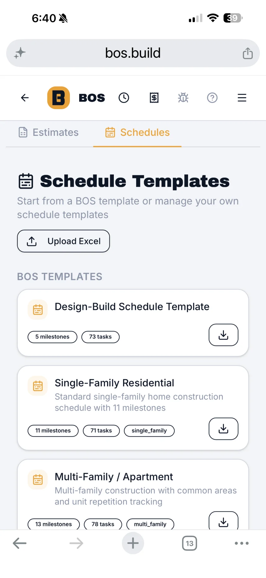 BOS schedule templates on a phone: design-build, single-family and multi-family, each with its milestones and tasks